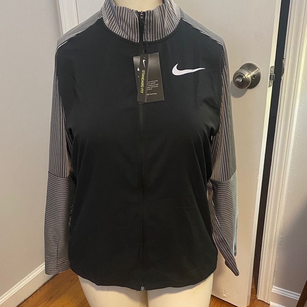 Nike Women's Black and Striped Zip Up “Running” Jacket
